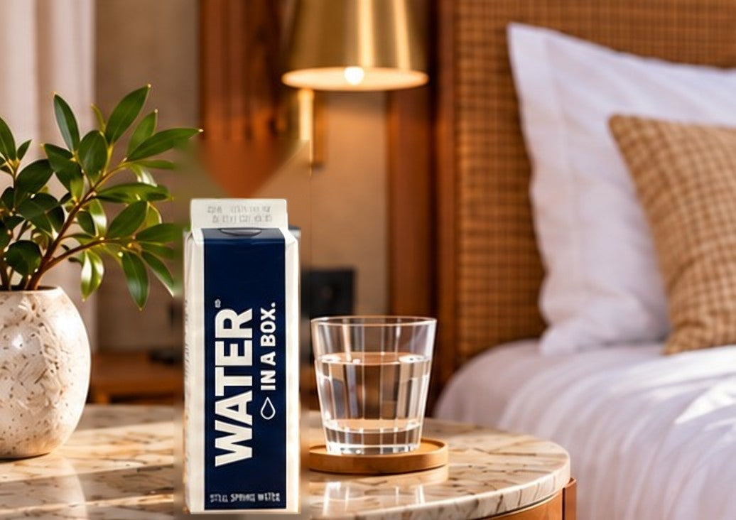 Water In A Box carton and a glass of water on a bedside table in a hotel room