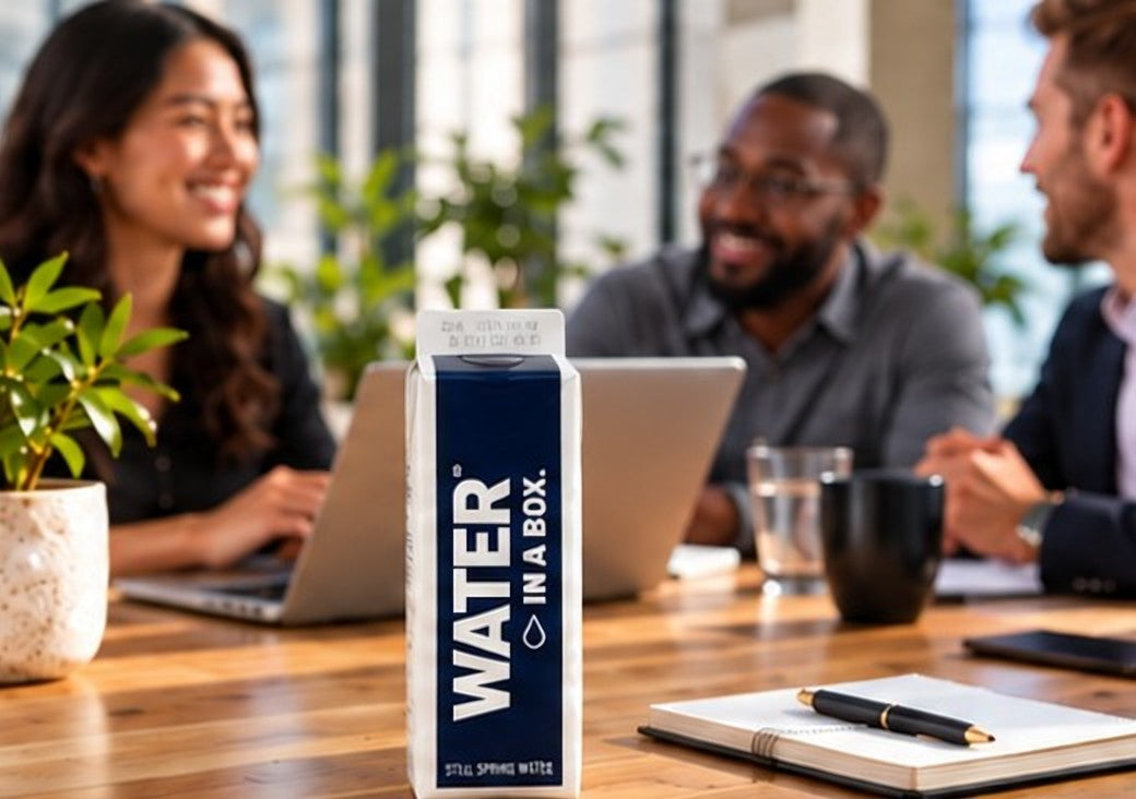 Colleagues meeting around a table with a Water In A Box carton