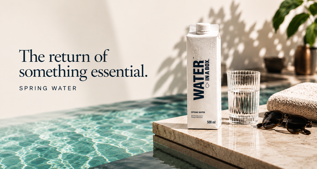 Water In A Box carton and a glass of water beside a pool, with the line The return of something essential