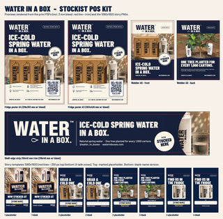 Water In A Box stockist point-of-sale kit: shelf talker, wobbler, fridge posters and story templates